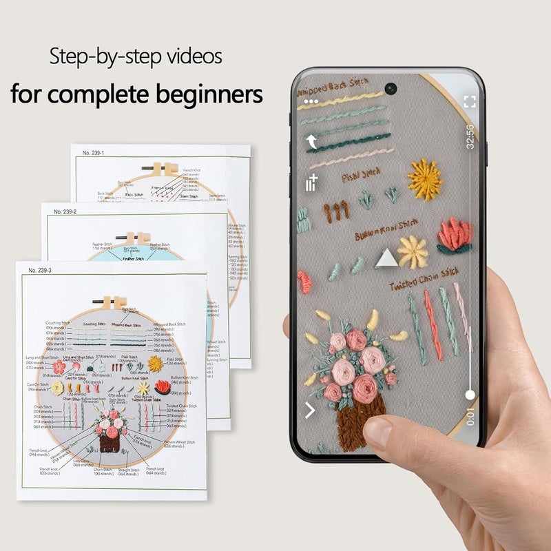 JOINRUN Beginner Embroidery Kit for Adults, 3 Pack Cross Stitch Kits with Pre-Printed Patterns, Threads, Needles, Learn Stitches with 7.8" Hoop, Video Tutorial, DIY Needlework Craft Gift for Women - Image 2